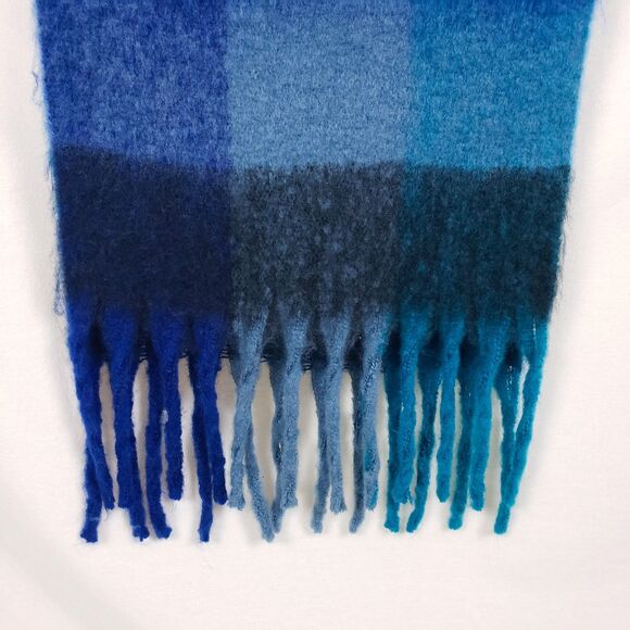 Blue Blanket Scarf Rectangle Fringe Check Plaid Soft Cozy - Picture 4 of 6
